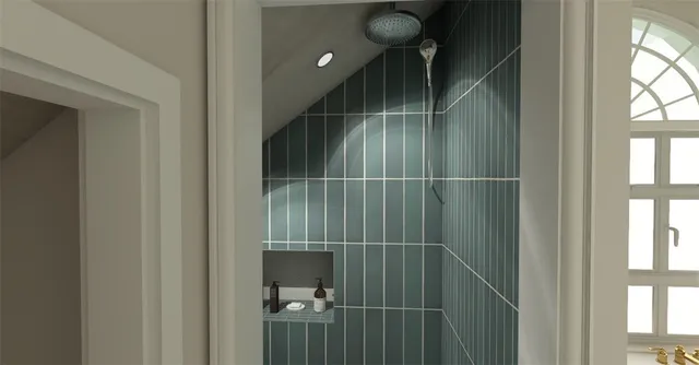 a bathroom with a mirror and a window