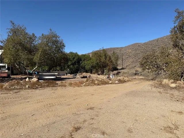 a view of a dry yard with trees