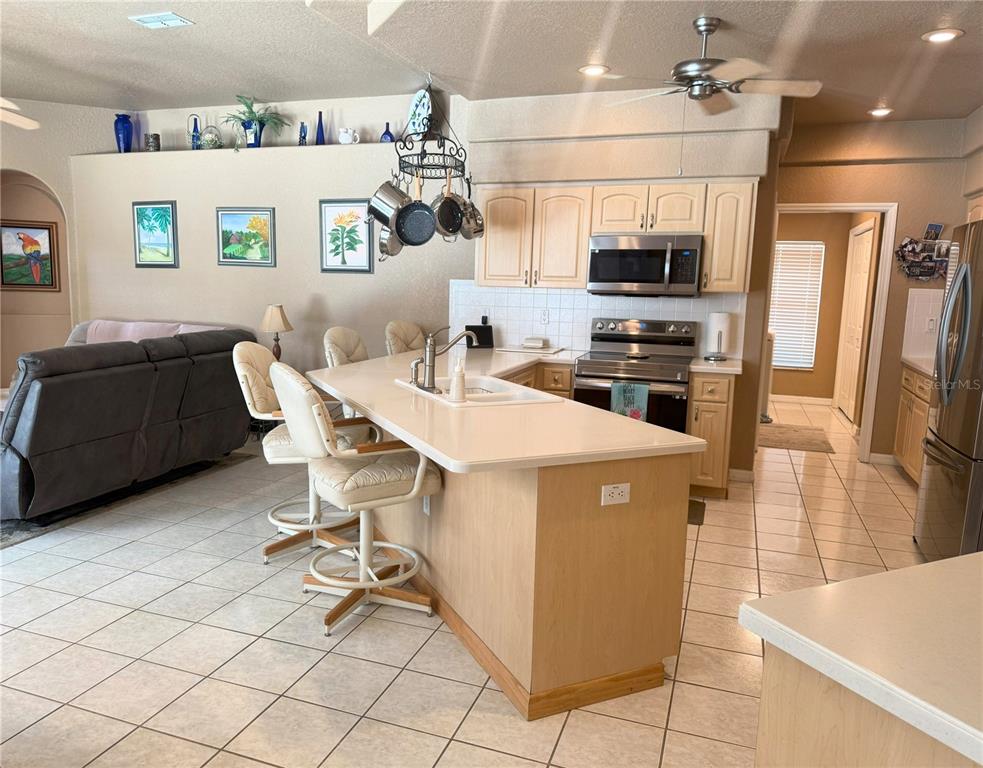 7552 River Country Drive Weeki Wachee, FL 34607 - Photo 19 of 59 a kitchen with stainless steel appliances a stove a sink a microwave and a refrigerator