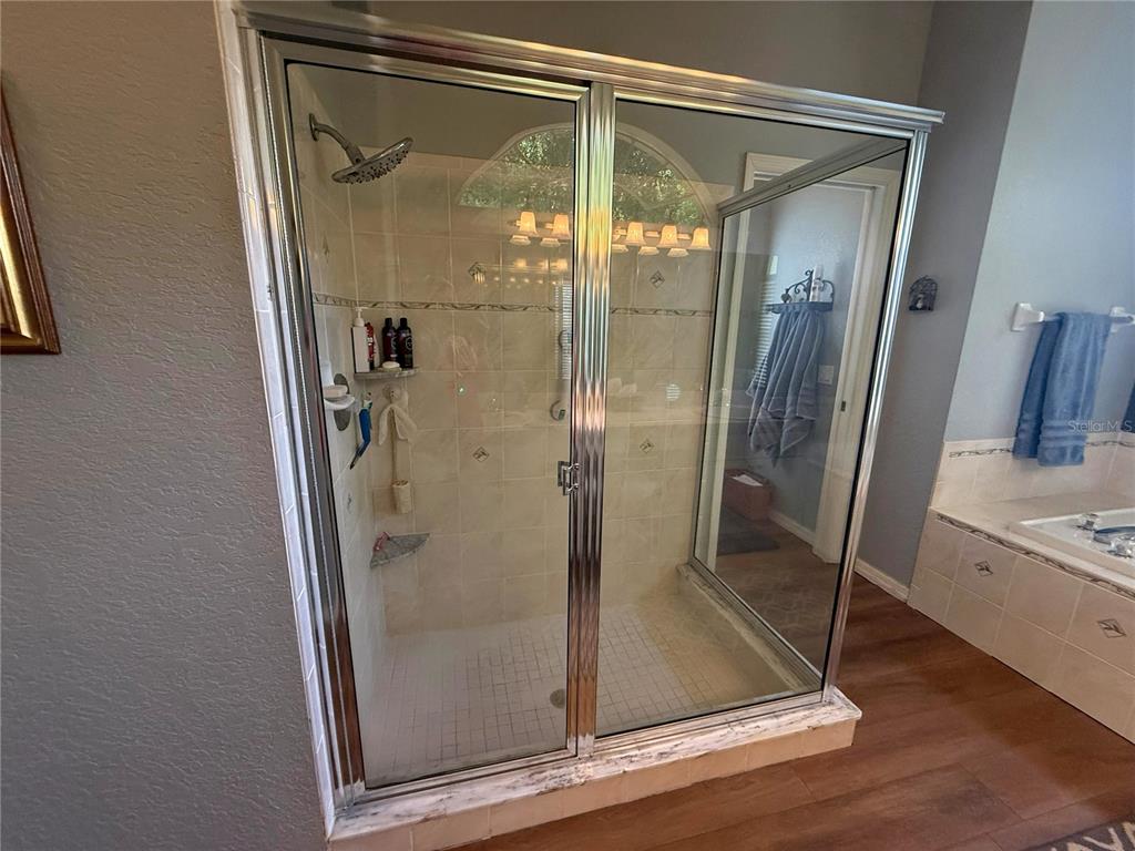 7552 River Country Drive Weeki Wachee, FL 34607 - Photo 38 of 59 a bathroom with a glass shower door and a mirror