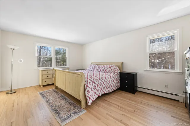 a view of a bedroom with furniture and windows