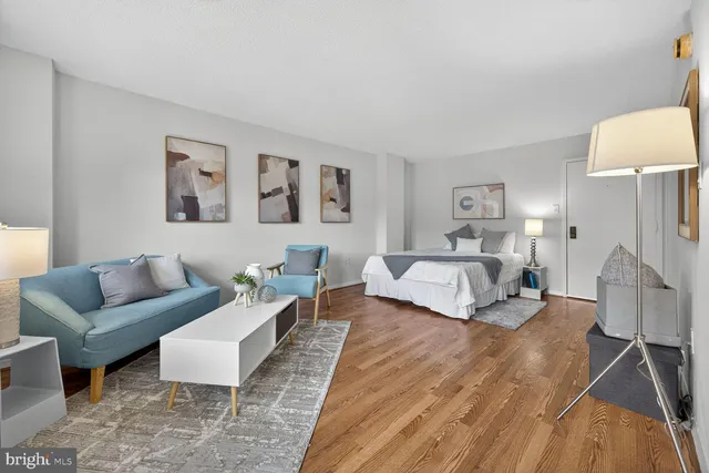 a living room with furniture and a lamp