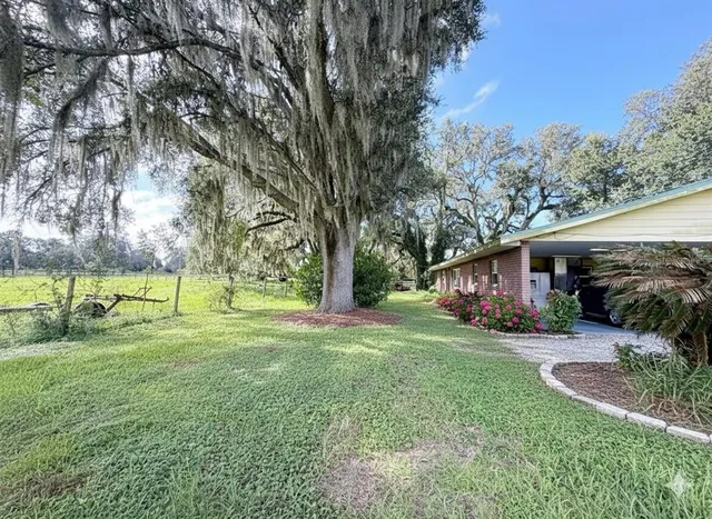a view of a house with backyard and trees