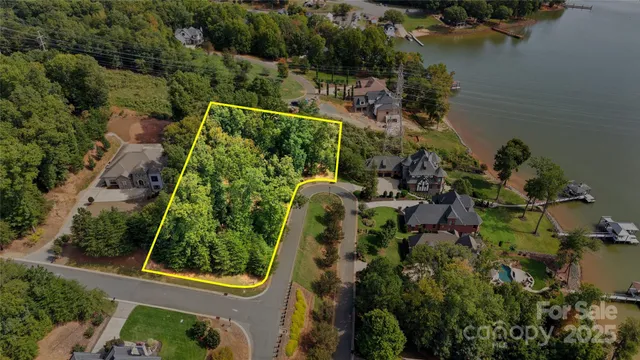 an aerial view of a residential houses with outdoor space and lake view