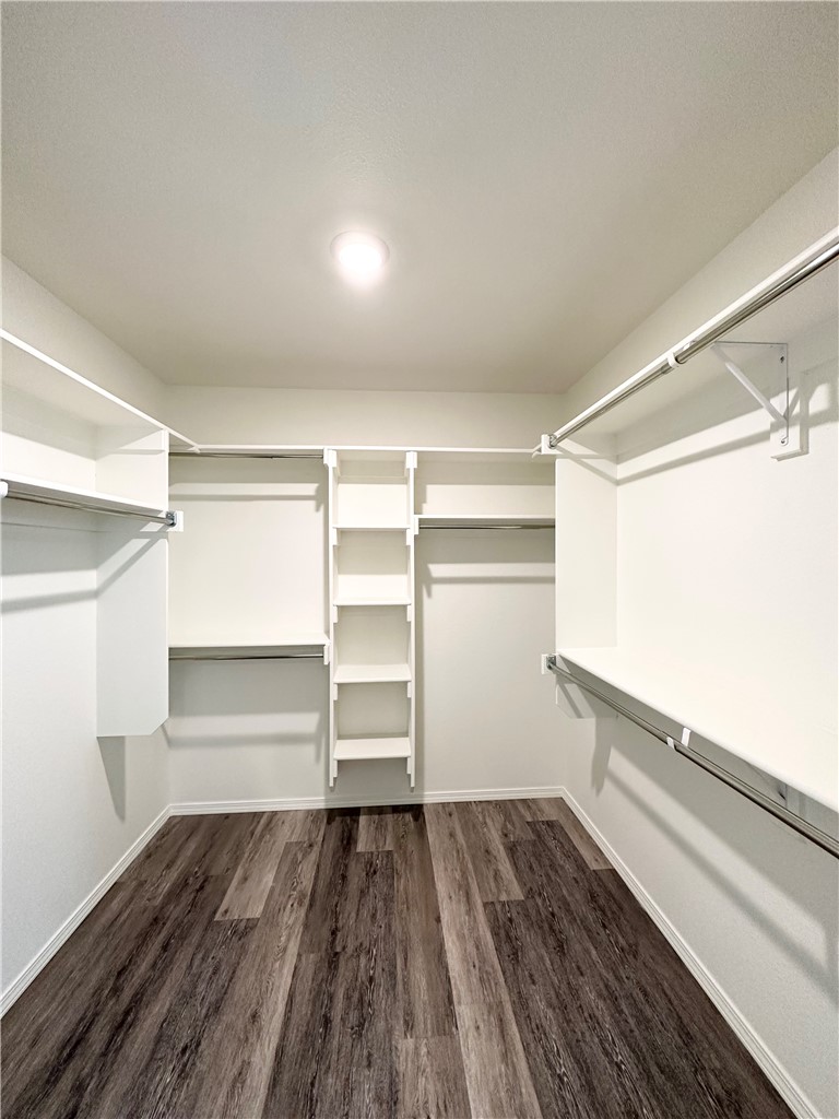 959 South Rupple Road, Unit 4 Fayetteville, AR 72704 - Photo 18 of 25 The property features a spacious walk-in closet with extensive built-in shelving, hanging rods, and dark wood-look flooring