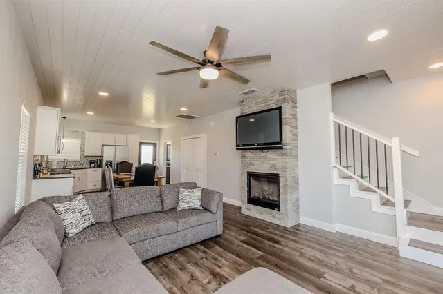 an aerial view of a house with a garden
