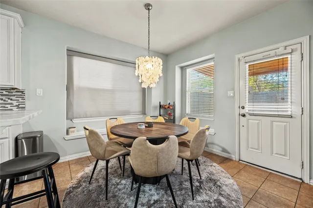 a view of a dining room with furniture window and outside view