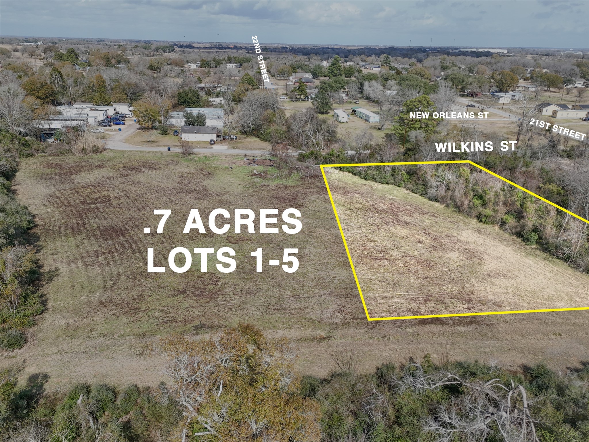 Tbd Tbd 22nd Hempstead, TX 77445 - Photo 5 of 20 Aerial view with lot outlines illustrating the approximate boundaries of Lots 1–5, providing helpful context for layout and orientation within the surrounding neighborhood.