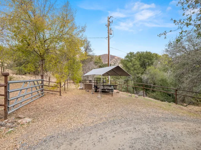 a yellow house with a big yard plants and large trees