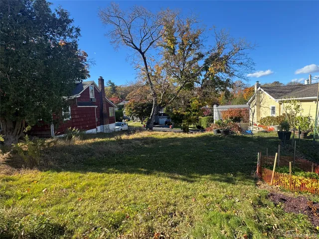 a view of a yard with plants and a fountain