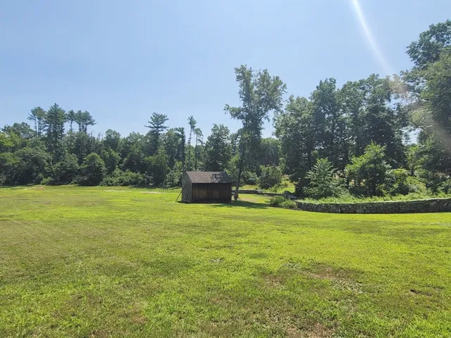 a view of a big yard with an trees