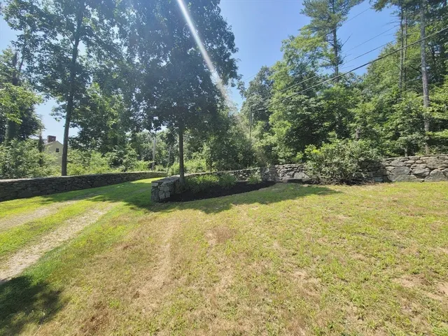 a view of a swimming pool and trees in the background