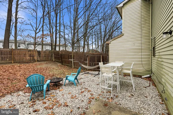a view of a backyard with table and chairs
