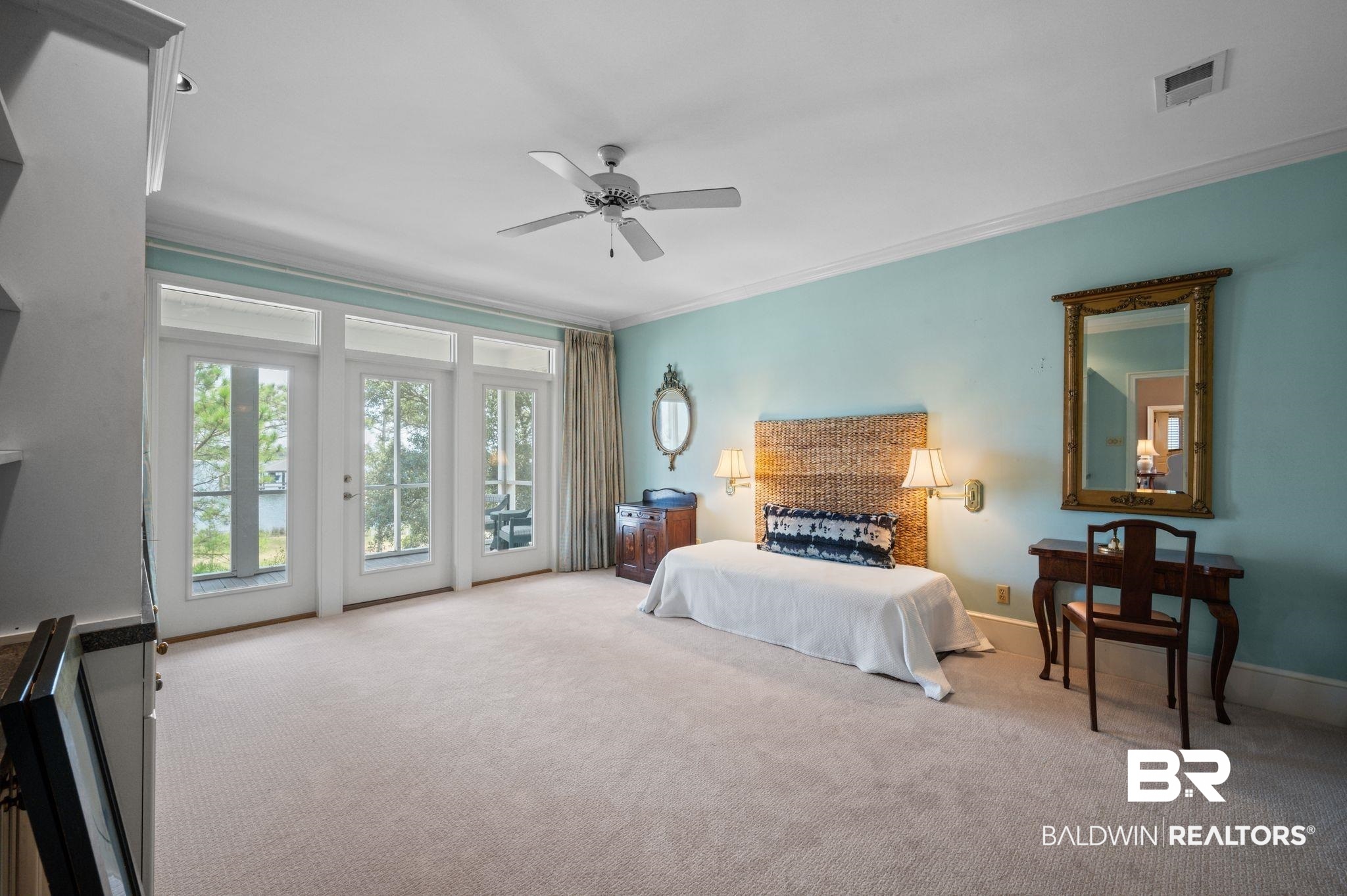31800 River Road Orange Beach, AL 36561 - Photo 23 of 69 Bedroom featuring ceiling fan, access to outside, ornamental molding, and carpet flooring