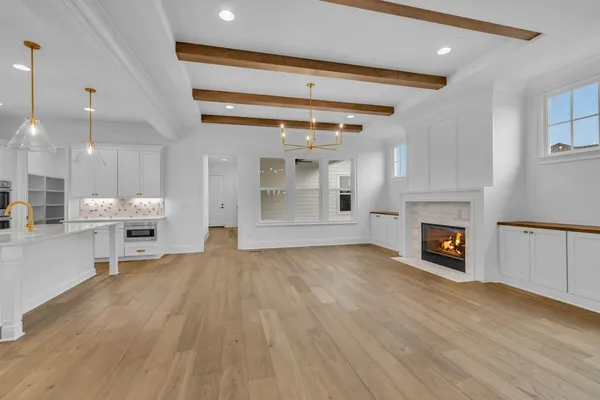 a living room with a fireplace