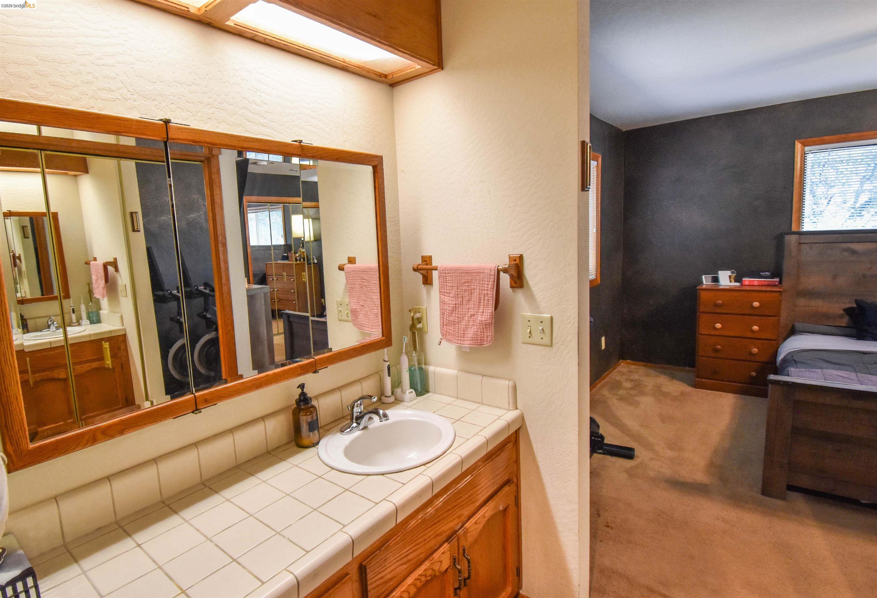 15 Roble Road Sonora, CA 95370 - Photo 29 of 44 Bathroom featuring vanity, light carpet, a textured wall, and plenty of natural light