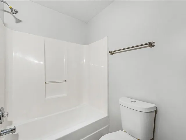 a bathroom with a shower and a toilet