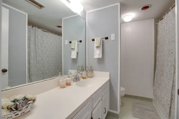 a bathroom with a bathtub sink and mirror