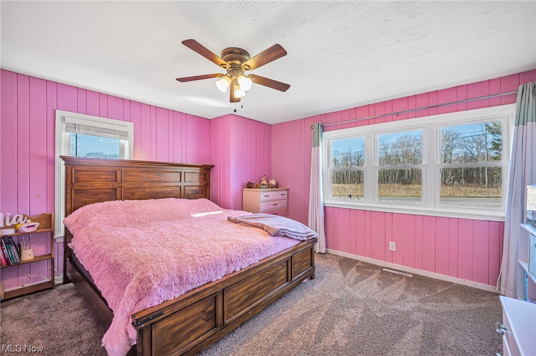 2955 Pearl Road Medina, OH 44256 - Photo 6 of 10 Bedroom featuring multiple windows, dark colored carpet, and ceiling fan