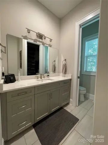 a bathroom with a double vanity sink mirror and toilet