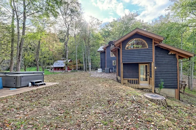 a view of a park with large trees