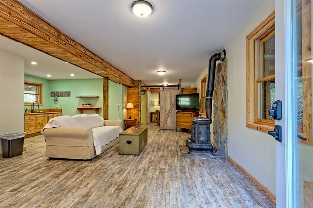 a view of a park with large trees