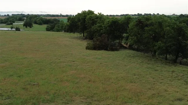 a view of a field with trees in background