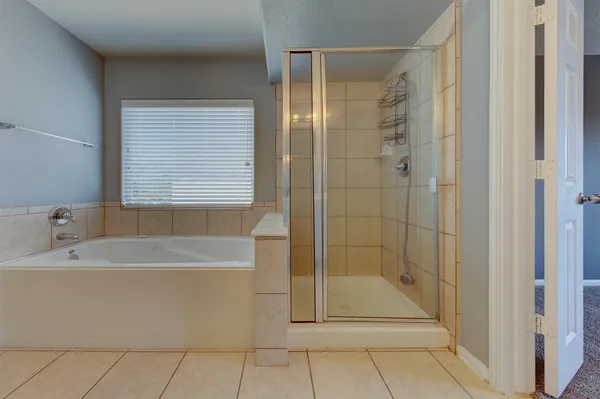 a bathroom with a bathtub and a shower