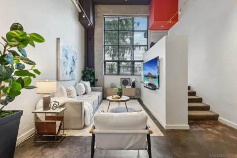 a living room with furniture and a potted plant