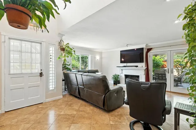 a living room with furniture a fireplace and a potted plant