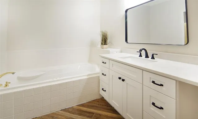 a bathroom with a bathtub sink vanity and mirror