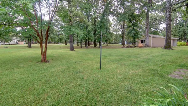 a view of a backyard with large trees