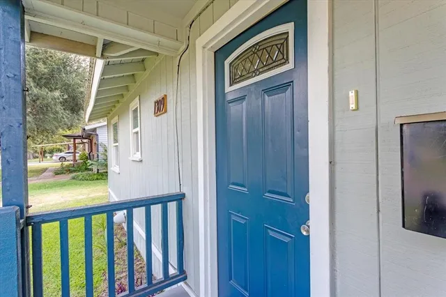 a view of a porch of a house