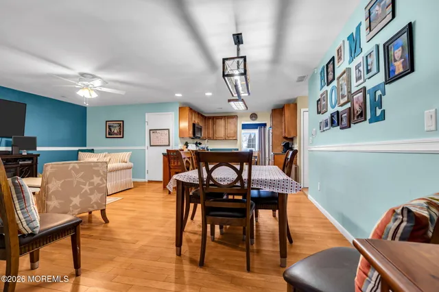 a view of a dining room with furniture