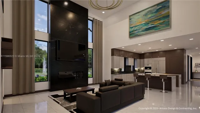 a living room with stainless steel appliances kitchen island granite countertop a refrigerator a stove and a sink with granite countertops