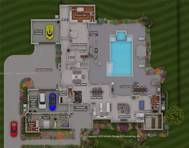 an aerial view of residential house with outdoor space and swimming pool