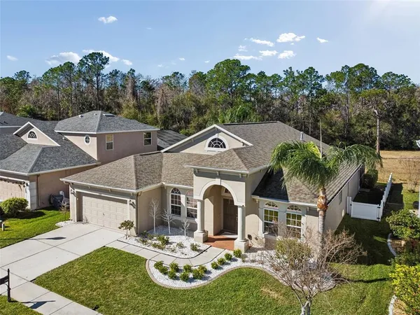 a aerial view of a house with a big yard and potted plants