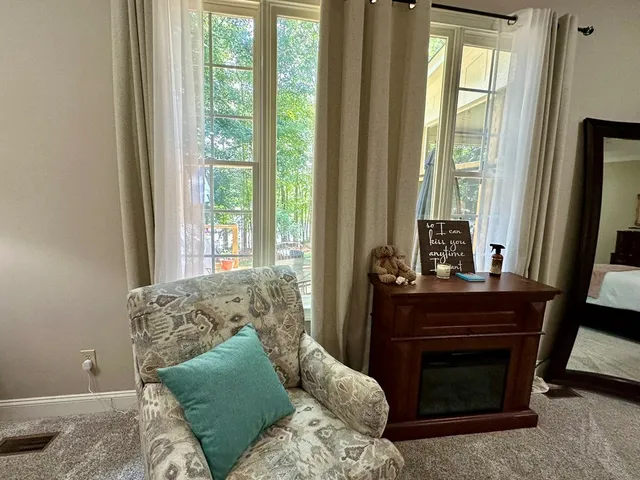 a living room with furniture a fireplace and a floor to ceiling window
