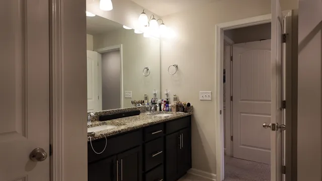 a bathroom with a double vanity sink and mirror