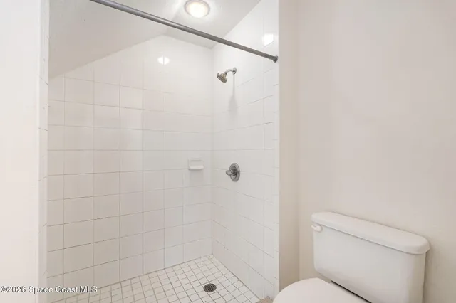 a bathroom with a shower and toilet