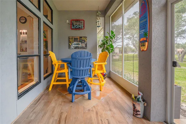 a view of an outdoor dining space with furniture