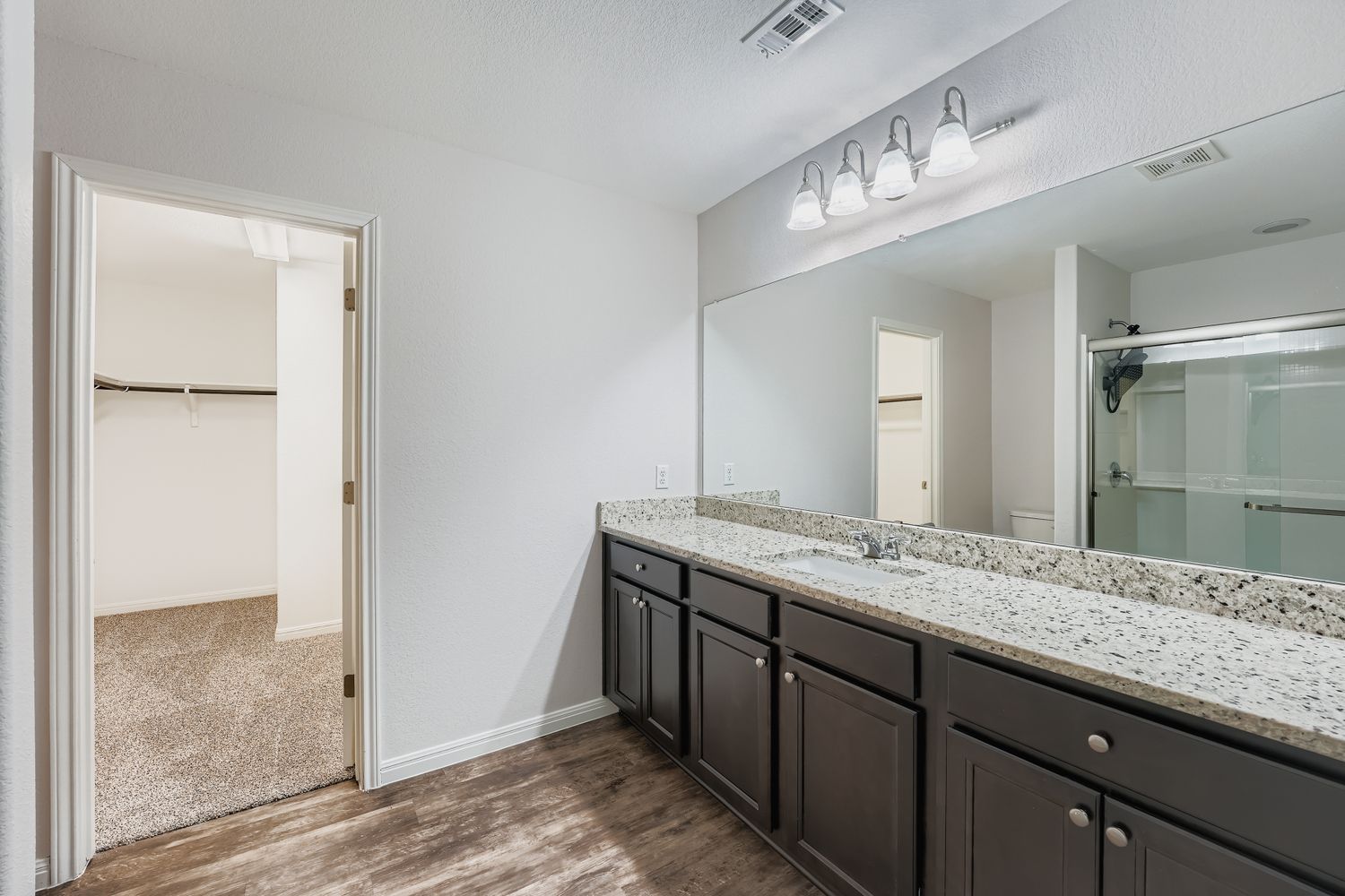 14013 Mark Christopher Way Manor, TX 78653 - Photo 14 of 28 a bathroom with a granite countertop sink and a mirror