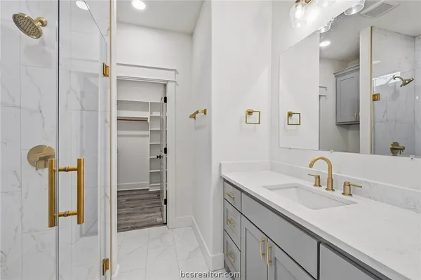 a bathroom with a shower and a sink