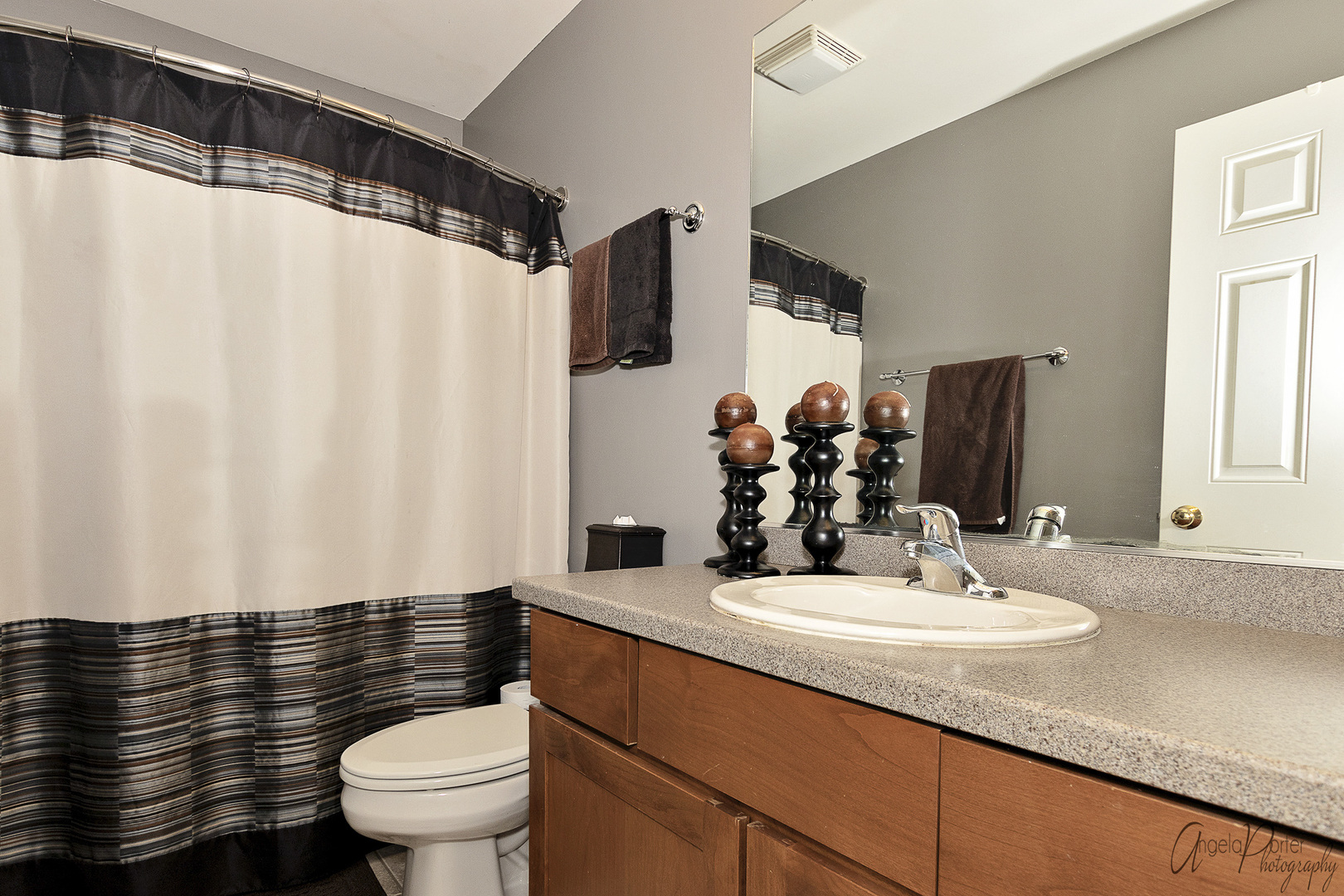 28659 West High Road Ingleside, IL 60041 - Photo 18 of 29 a bathroom with a sink a toilet a mirror and shower curtain