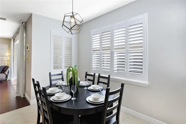 a view of a dining room with furniture and window