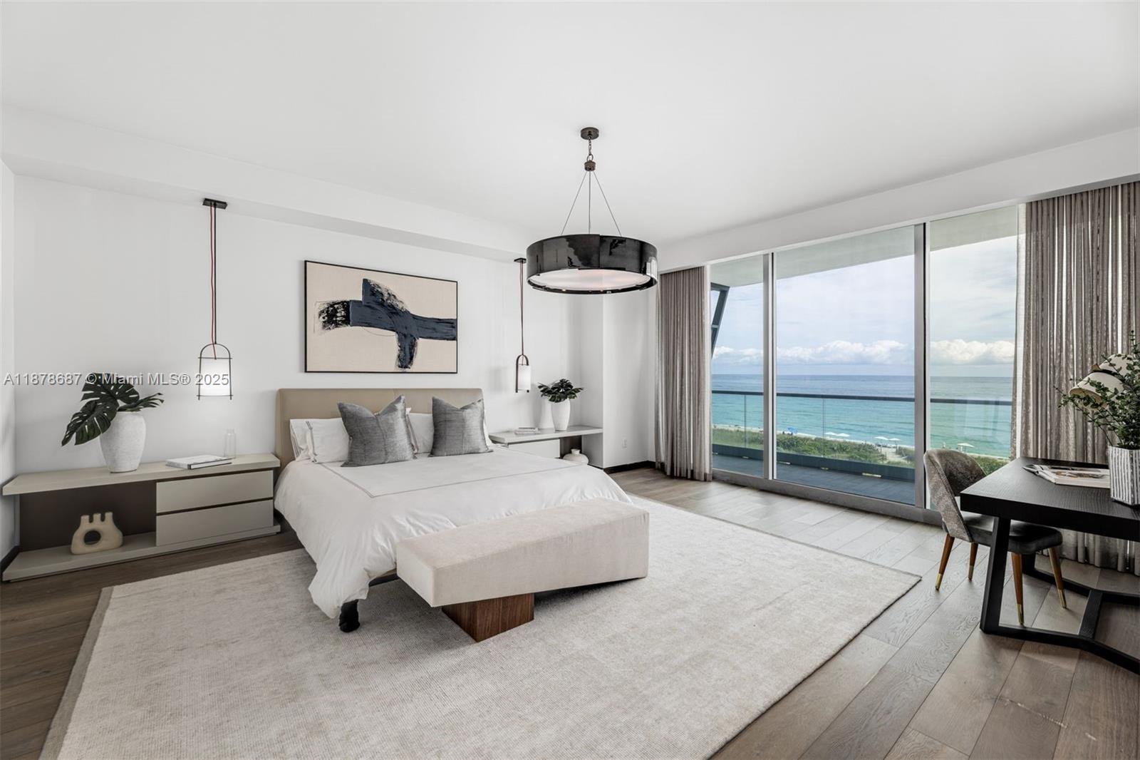 9349 Collins Avenue, Unit 406 Surfside, FL 33154 - Photo 8 of 48 a spacious bedroom with a bed a chandelier and large window