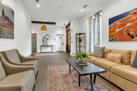 a living room with furniture potted plant and a table