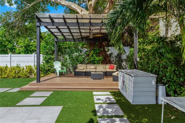 a patio view with a seating space