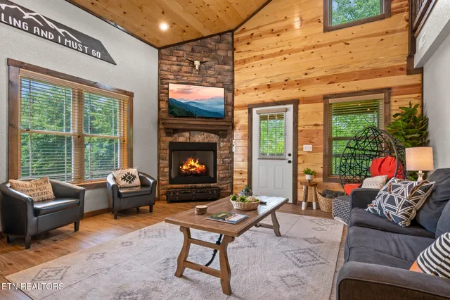 a living room with furniture a flat screen tv and a fireplace