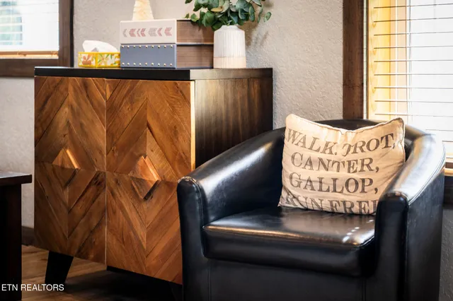 a living room with furniture and a rug